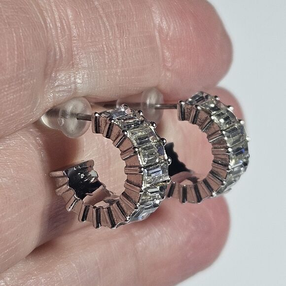 Origami Owl  Silver Tone Crystal Baguette Mini Hoop Earrings - Picture 3 of 12